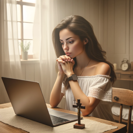 DALL·E 2023-12-29 15.17.38 - Create a photo-realistic image of a young, attractive female person in a peaceful room, sitting in front of a laptop, engaged in spiritual practice. T