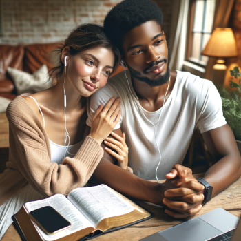 DALL·E 2023-12-29 16.34.05 - Create a highly photo-realistic image of a beautiful and charming couple with brown skin, in a cozy and homely setting. They are engaged in a spiritua